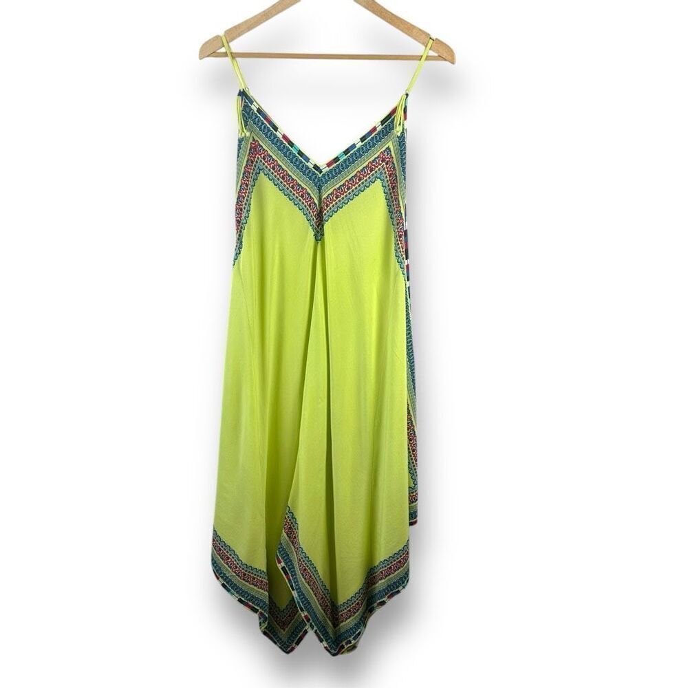 Tribal M Asymmetrical Slip Dress Chartruesse Colorful Paisley Artsy‎ Hippie Boho